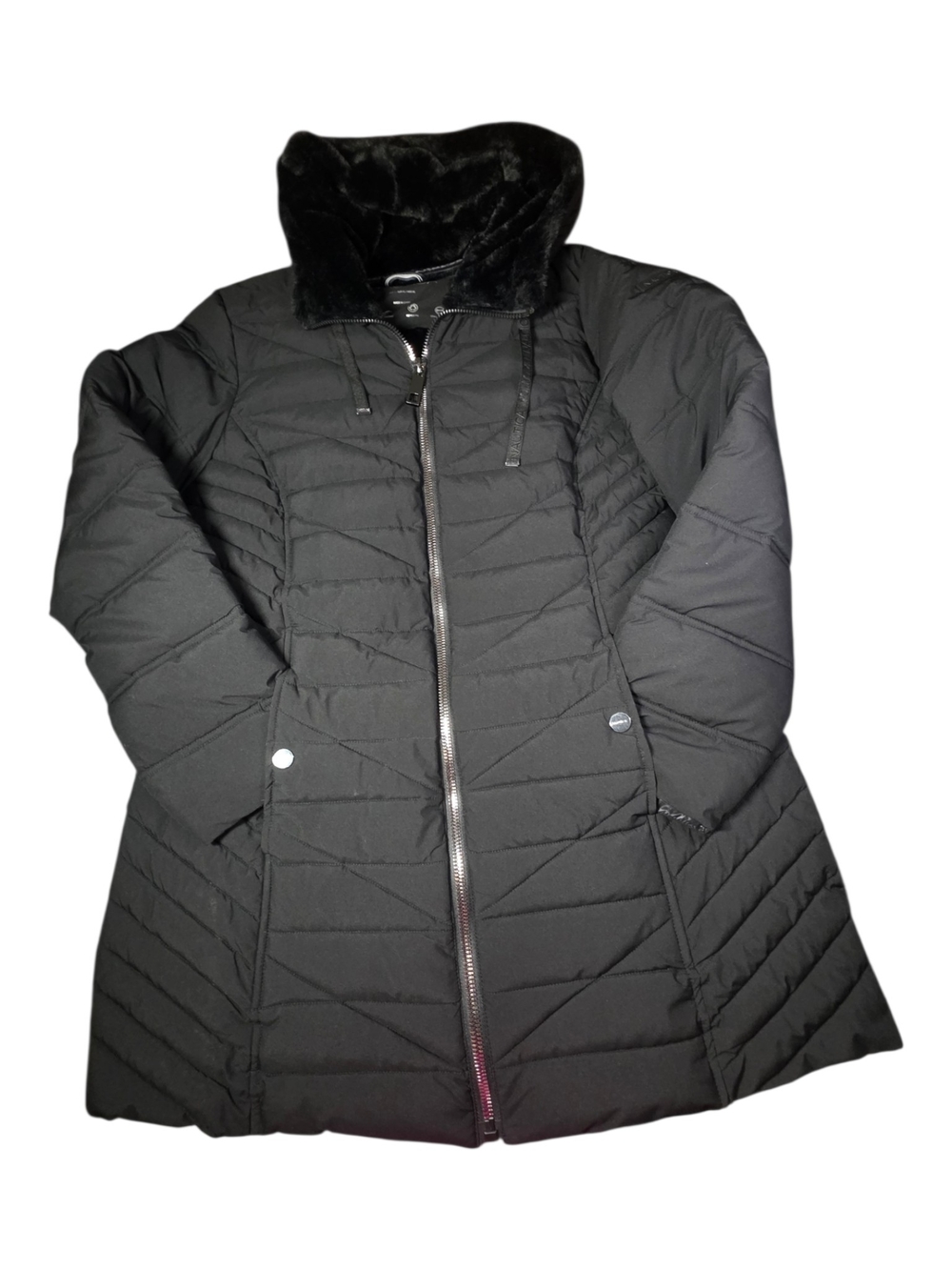 Nautica Black Quilted Puffer Jacket Faux Fur Collar Warm Winter Mid Length Coat